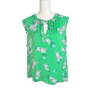 CeCe green floral blouse sleeveless with keyhole neckline professional casual